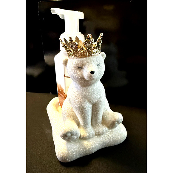 Bath and Body Works Ceramic Crowned Royal Glitter Polar Bear Soap Bottle Holder - Picture 5 of 6
